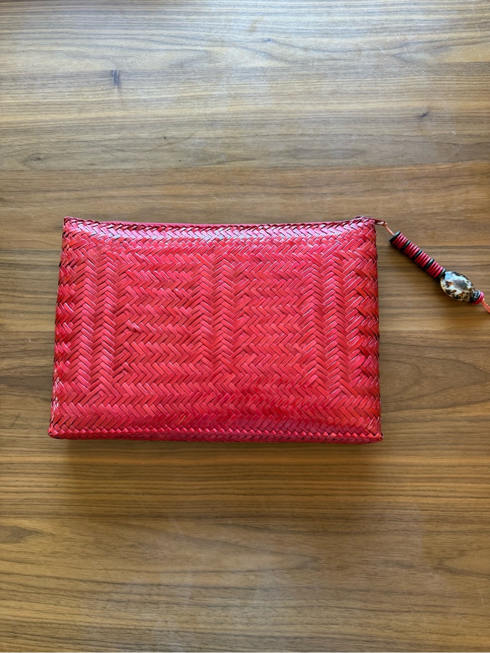 Woven Red Leather Wristlet Clutch with Beaded shell Tassel